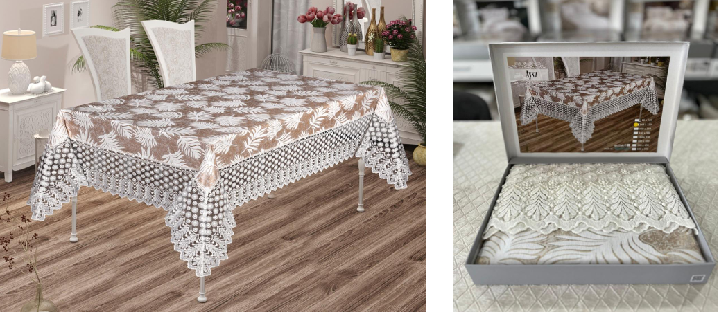 Aysu Lace Tablecloth | Floral Leaf Jacquard with Pearl Lace Border | All Sizes Available | Made in Turkey