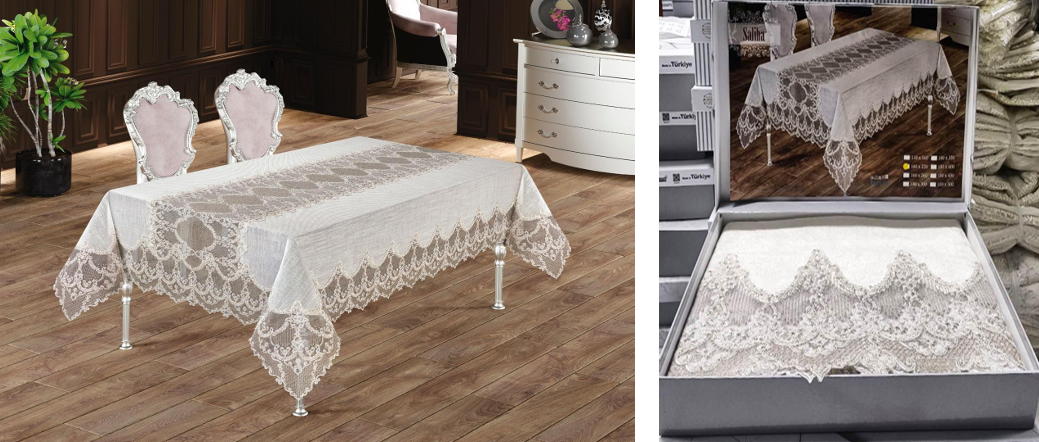 Saliha Lace Tablecloth | Baroque Lace Border with Textured Fabric | All Sizes Available | Made in Turkey