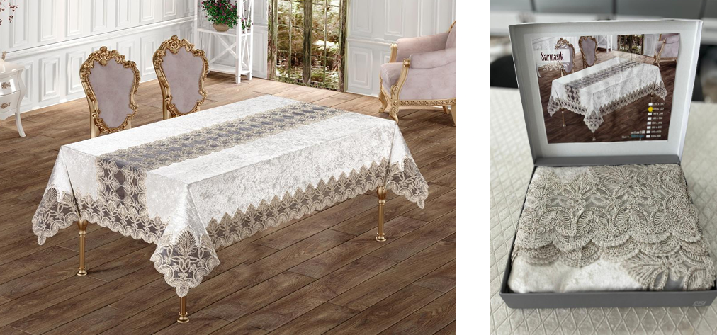Luxury Velvet Tablecloth with Lace Border | Turkish Handcrafted Design | Sarmaşık Collection