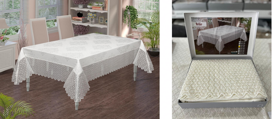 Melike Lace Tablecloth | Floral Rosette Jacquard with Geometric Lace Border | All Sizes Available | Made in Turkey