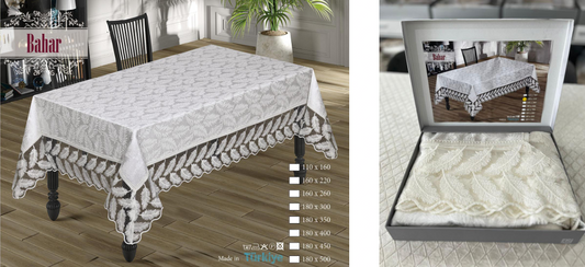 Bahar Lace Tablecloth | Botanical Leaf Jacquard with 3D Floral Lace Border | All Sizes Available | Made in Turkey
