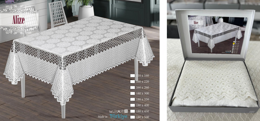 Alize Lace Tablecloth | Medallion Jacquard with Honeycomb Lace Border | All Sizes Available | Made in Turkey